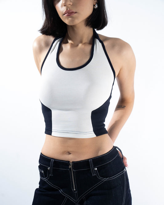Contrast Halter Top - Navy/White